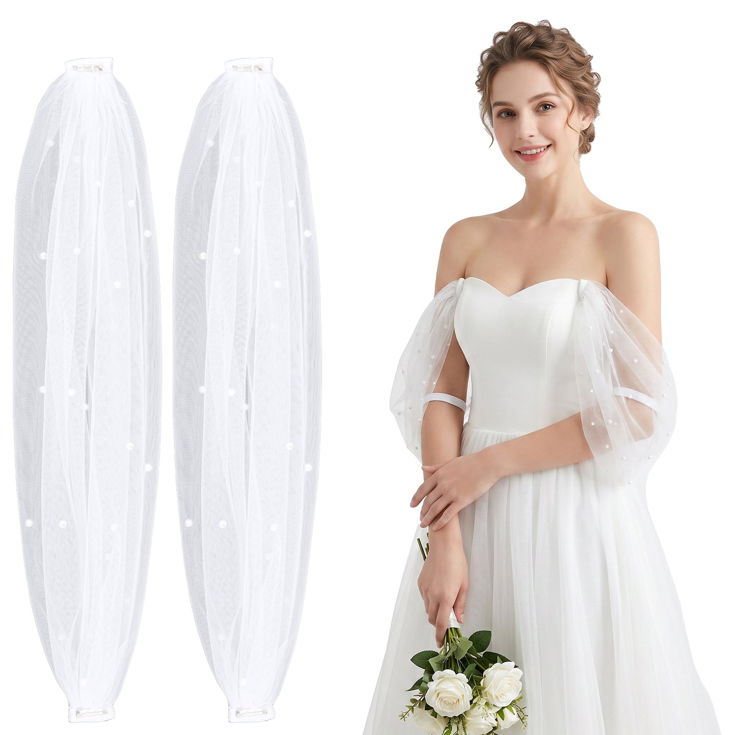 Chsoejuf 2PCS White Long Tulle Pearl Detachable Sleeves for Wedding Dresses