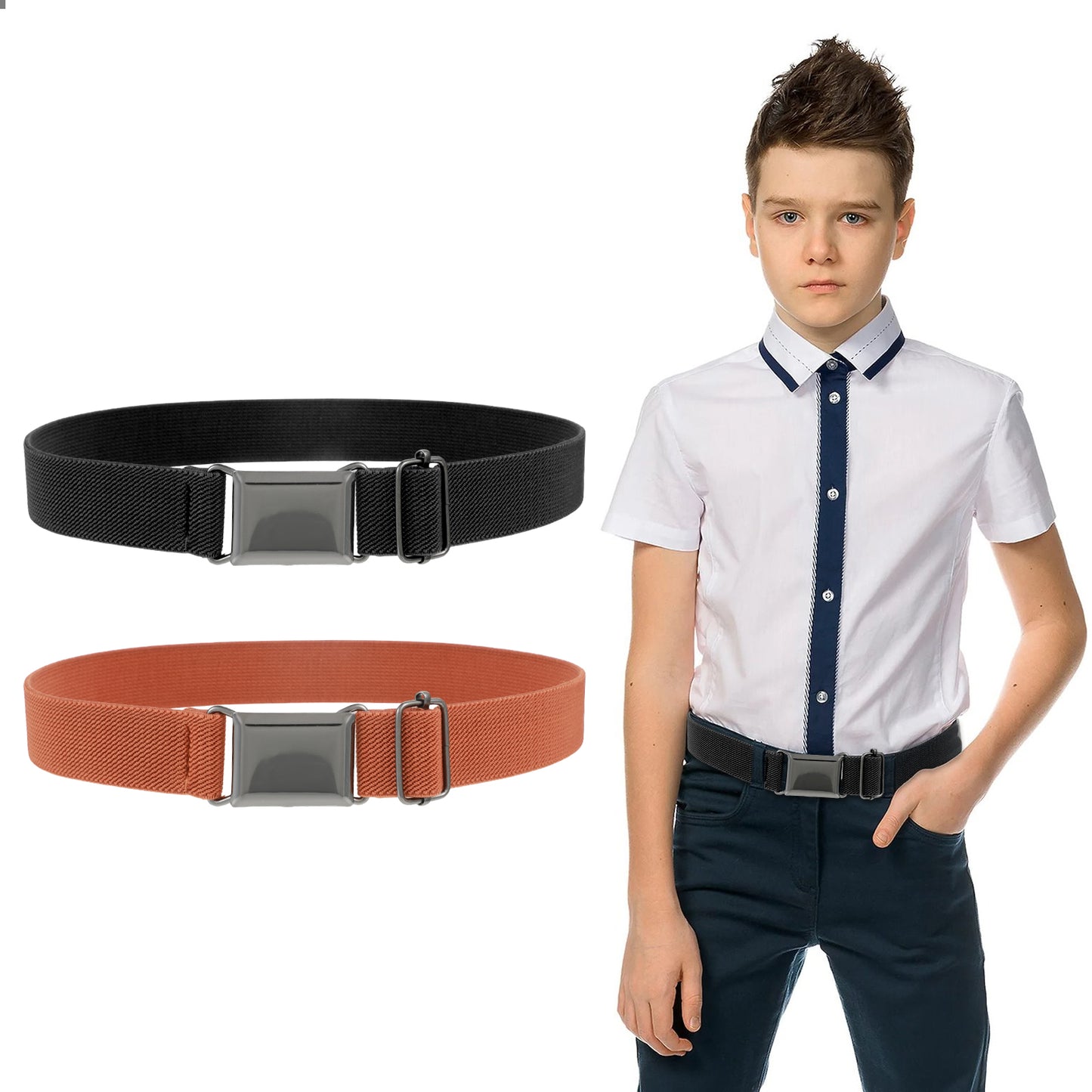 Sorcristy Kids Belts 2 Pack for Boys Girls, Youth Belts with Elastic Adjustable Silver Square Buckle, Kids 1 1/4" Dress Belt for Youth(Black/Brown)