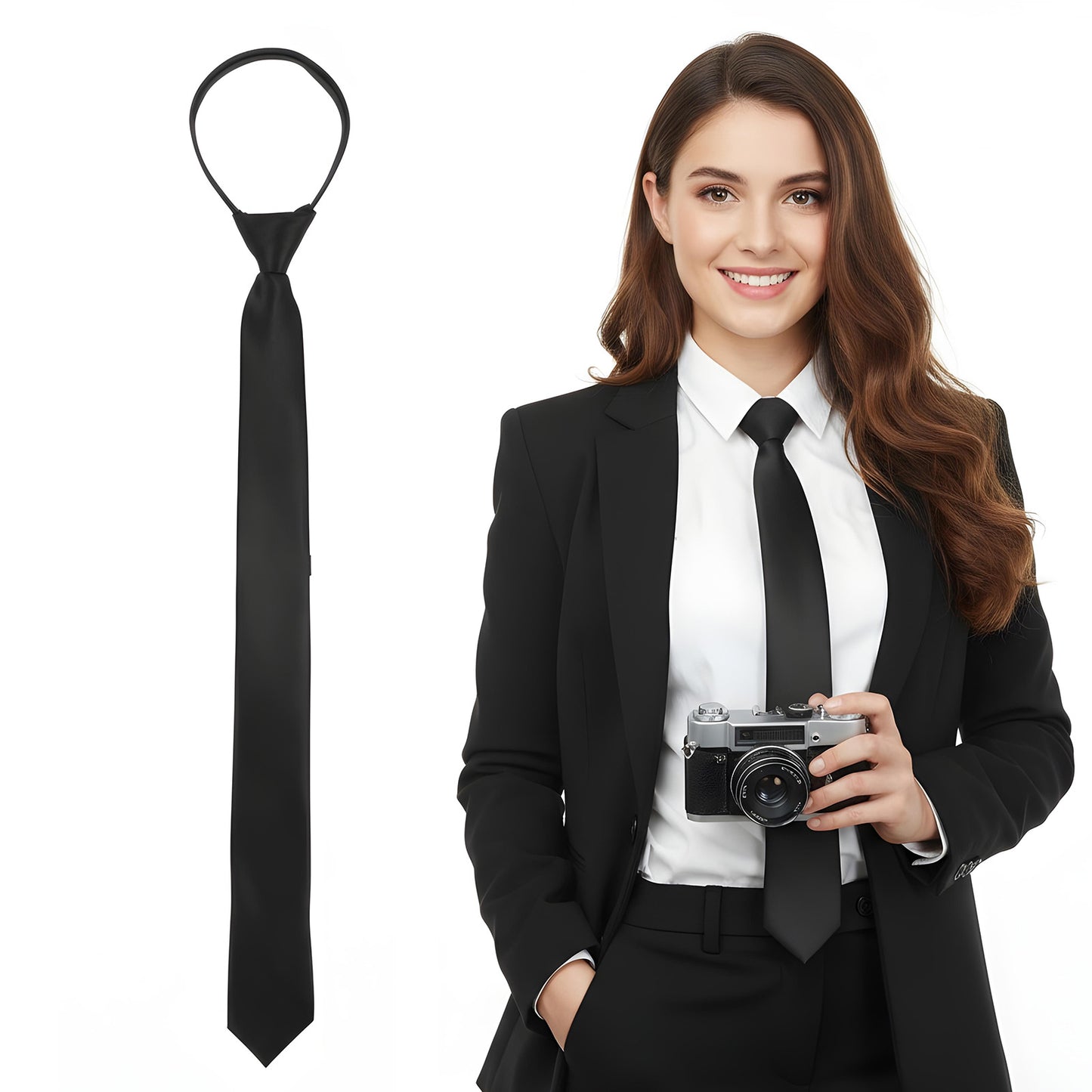Matwsec Black Tie for Women 48cm/19 Pre-Tied Ties for Women Neck Ties Accessory School Business Wedding Cosplay Necktie