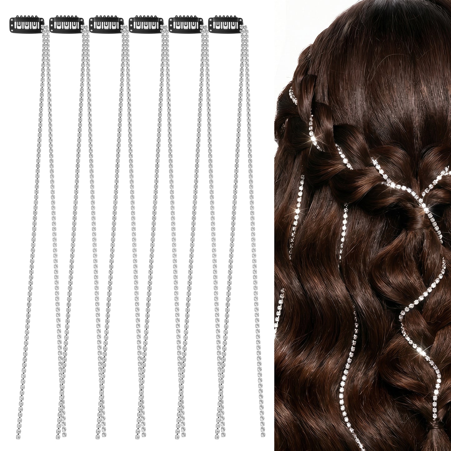 6Pcs Hair Chain, Ymapinc Silver Rhinestone Hair Chains, Crystal Diamante Hair Clips & Hair Jewellery, Gothic Festival Halloween Hair Accessories with Hair Charms for Girls & Women