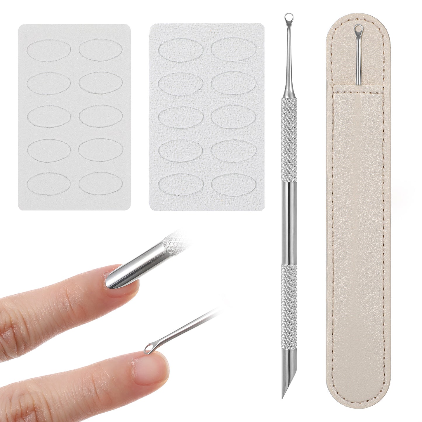 Metal cuticle pusher, Dual Ended Nail Tool with Beveled & Loop Head, Includes 2 Self-Adhesive Sandpapers & Leather Case for Home and Salon Manicure