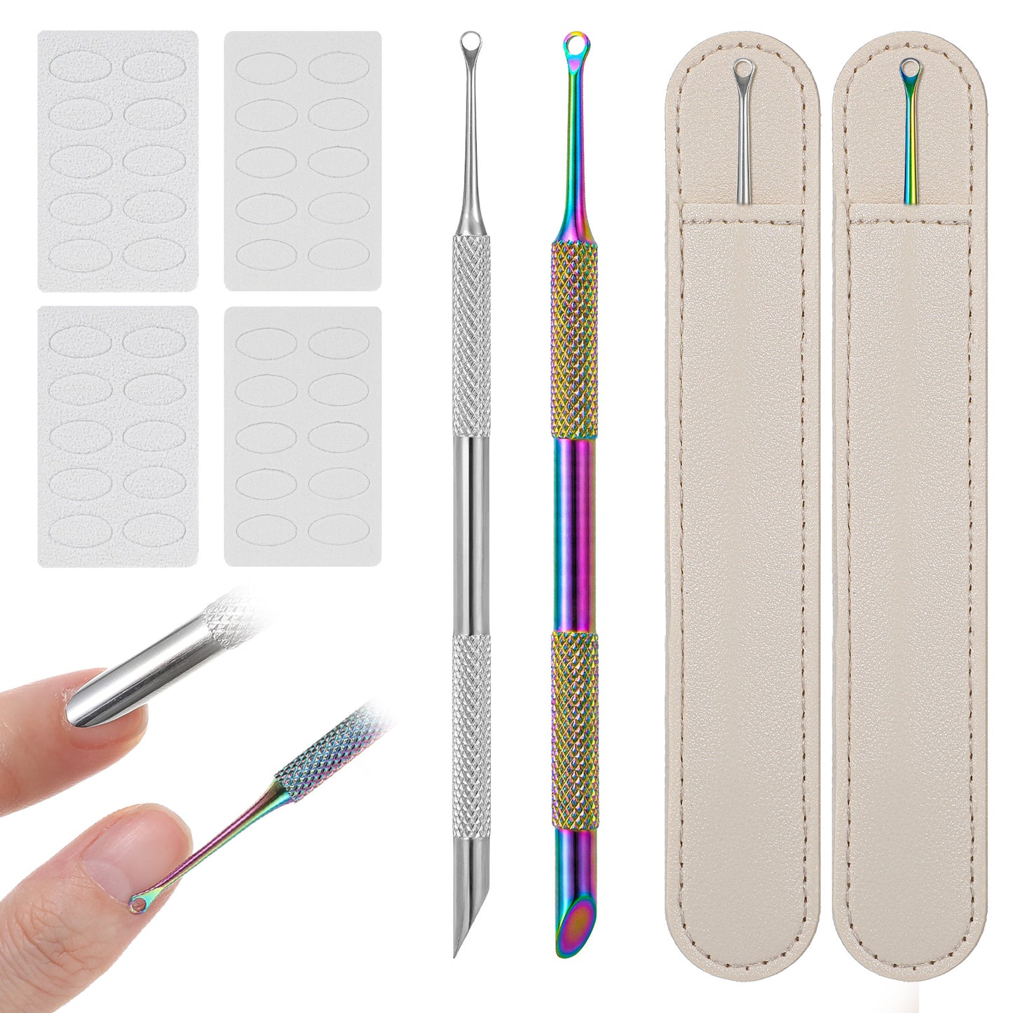 Shimmeroo Metal Nail Cuticle Pusher,Double Ended Cuticle Remover Tool Nail Scraper Tool for Salons Or Home Use (2Remover +4Sandpapers+2Leather Case)