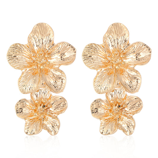 2PCS Gold Flower Earrings Large Double Boho Statement Earrings for Women Dangling, Plated Summer Beach Floral Handmade Textured Dangle Drop Hypoallergenic Stud Earrings Jewelry Wedding Birthday Gift