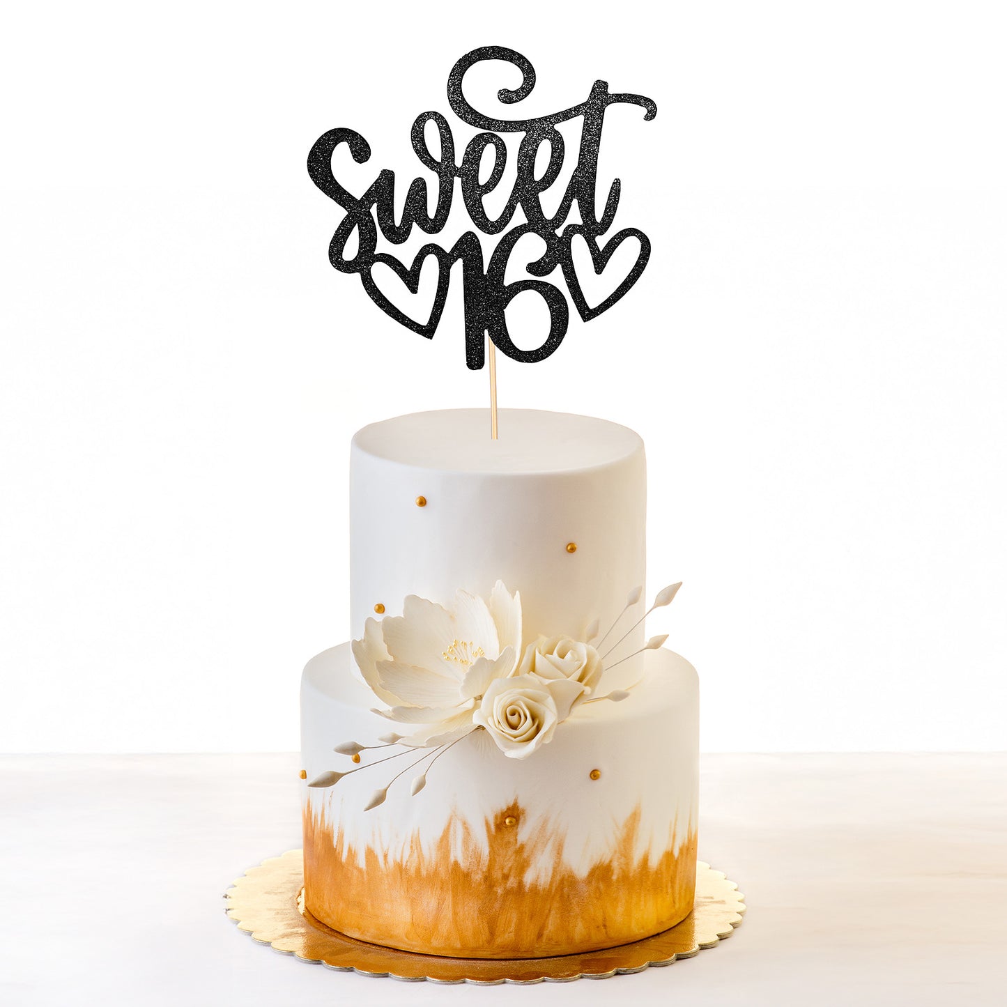 Ymapinc Black Glitter Sweet 16 Cake Topper Personalised, 16th Birthday Cake Toppers for Girls, Sweet 16 Birthday Decorations Gifts for Girls Party Favors