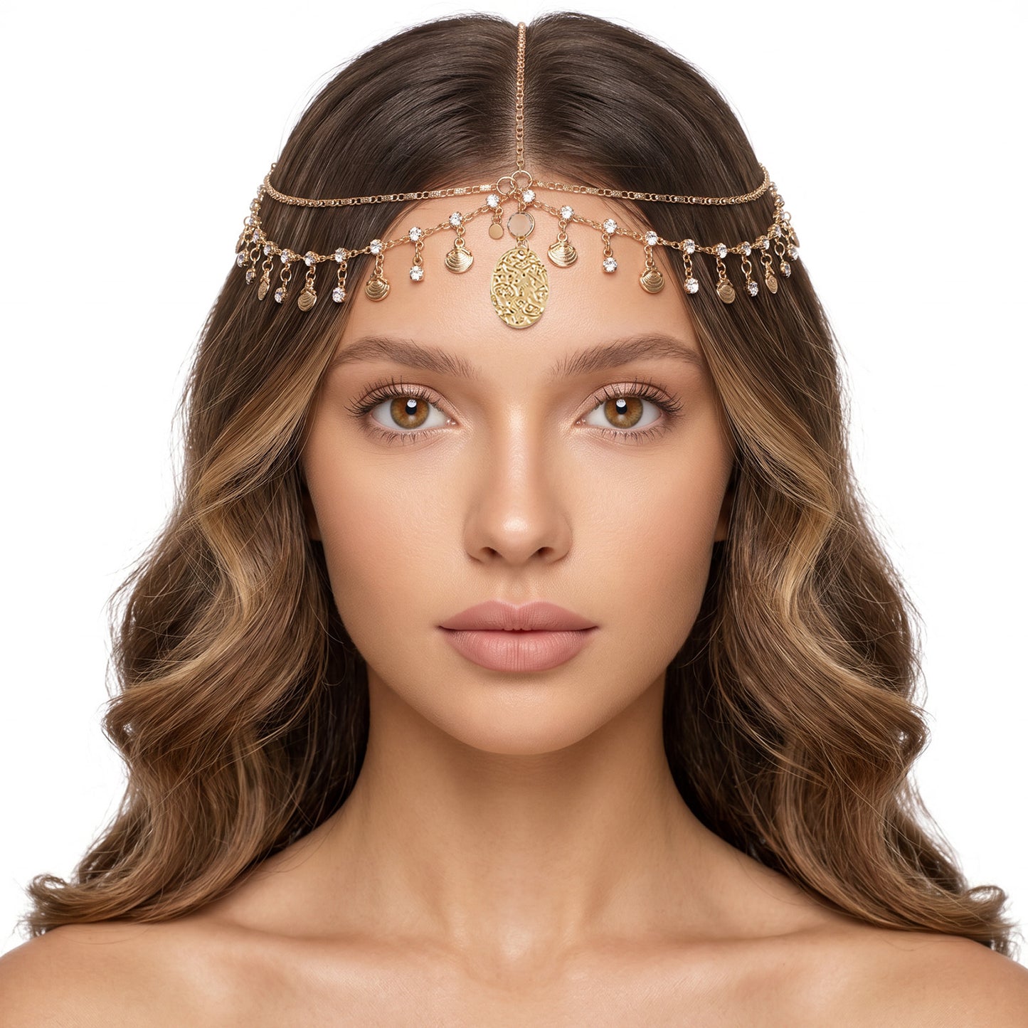 Shimmeroo Gold Headpiece, Gold Head Chain Jewelry for Women Girls Goddess, Shells Rhinestone Egyptian Headpiece, Genie Head Chain, Egyptian Hair Accessories for Festival Prom Wedding Costume