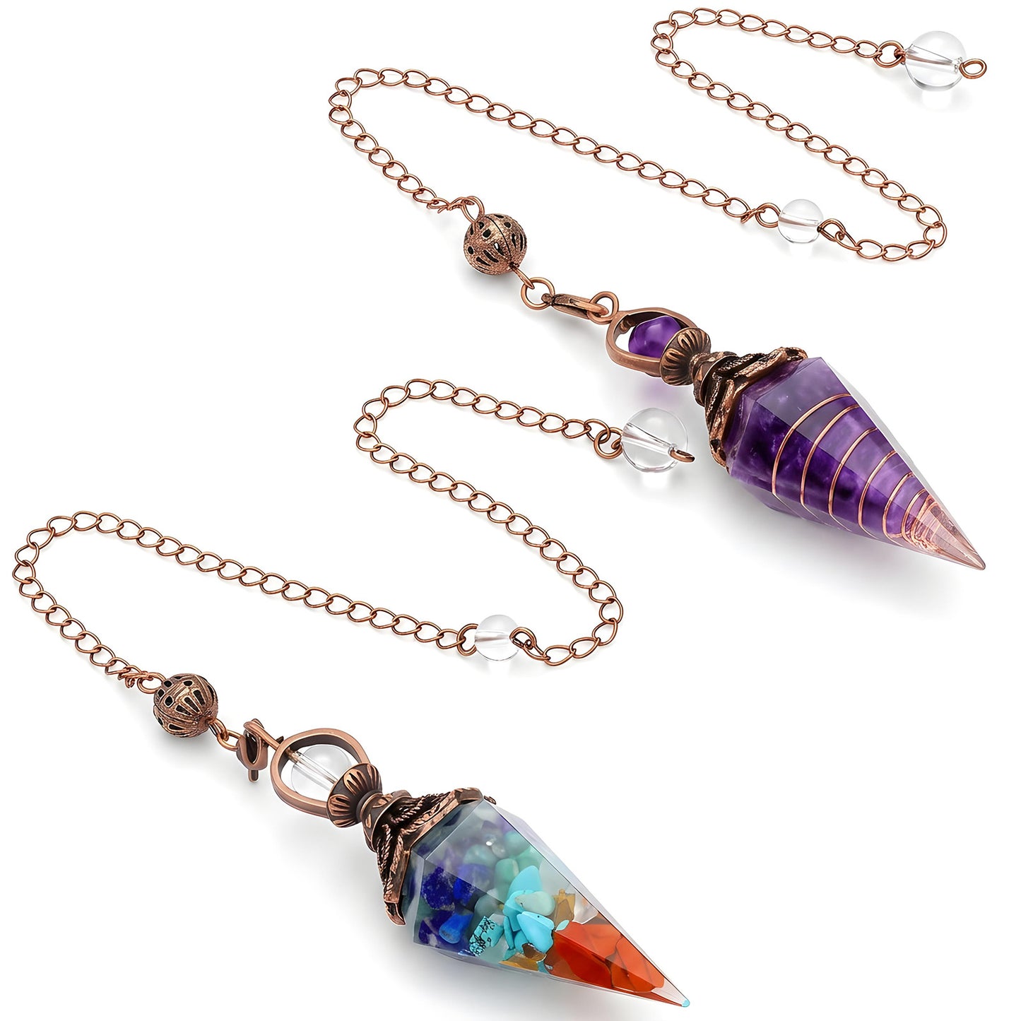 2 PCS Pendulum Crystal Amethyst/Seven Colors Crystal Pendulums for Dowsing Spiritual Pointed Energy Pendant with Chain for Witchcraft Supplies Divination Tools Chakra Healing Energy Balancing