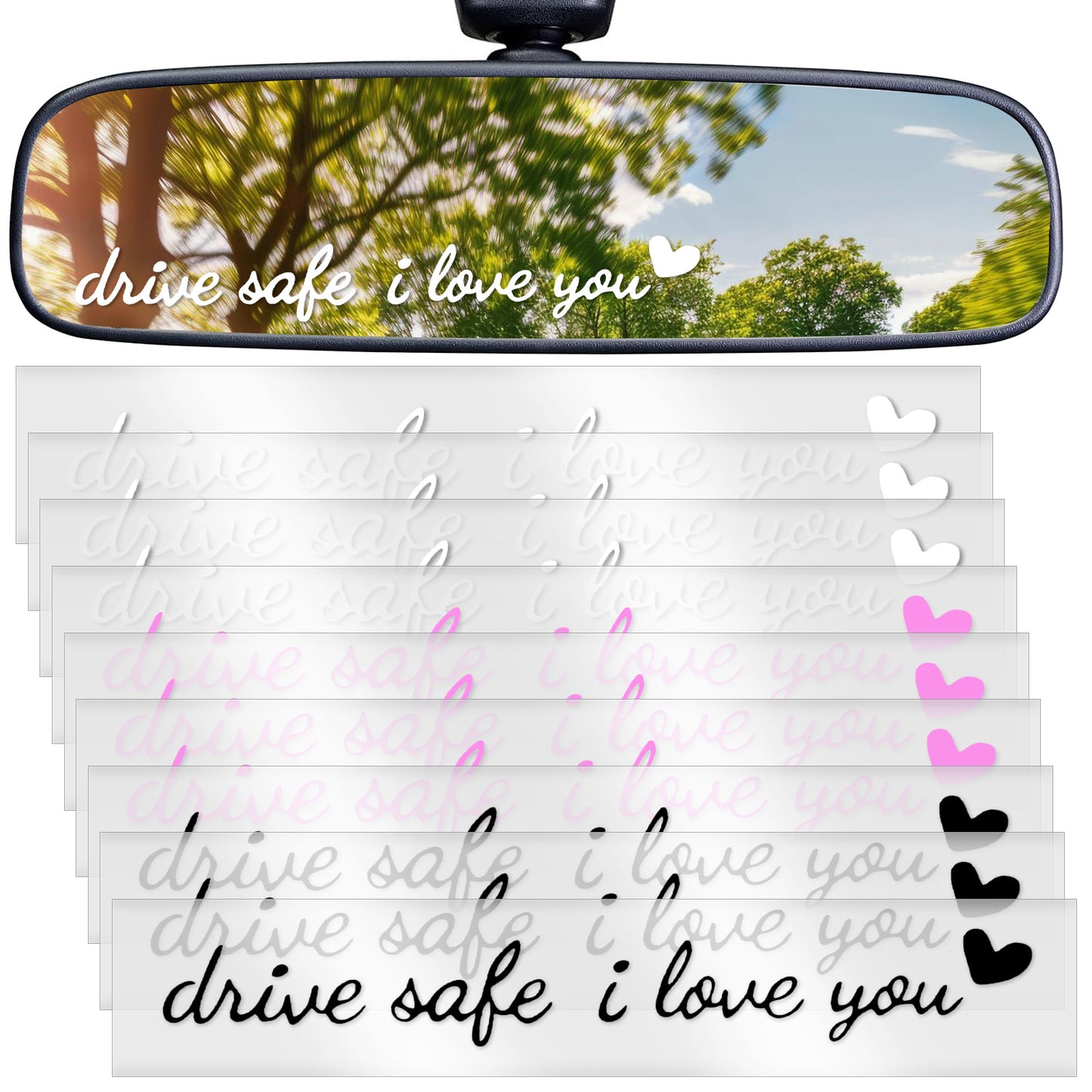 Drive Safe, I Love You Stickers 7 Pack I Love You Drive Safe Mirror Sticker Set Black & White PET Car Window Decals for Rear View Mirror, Car Stickers for Women