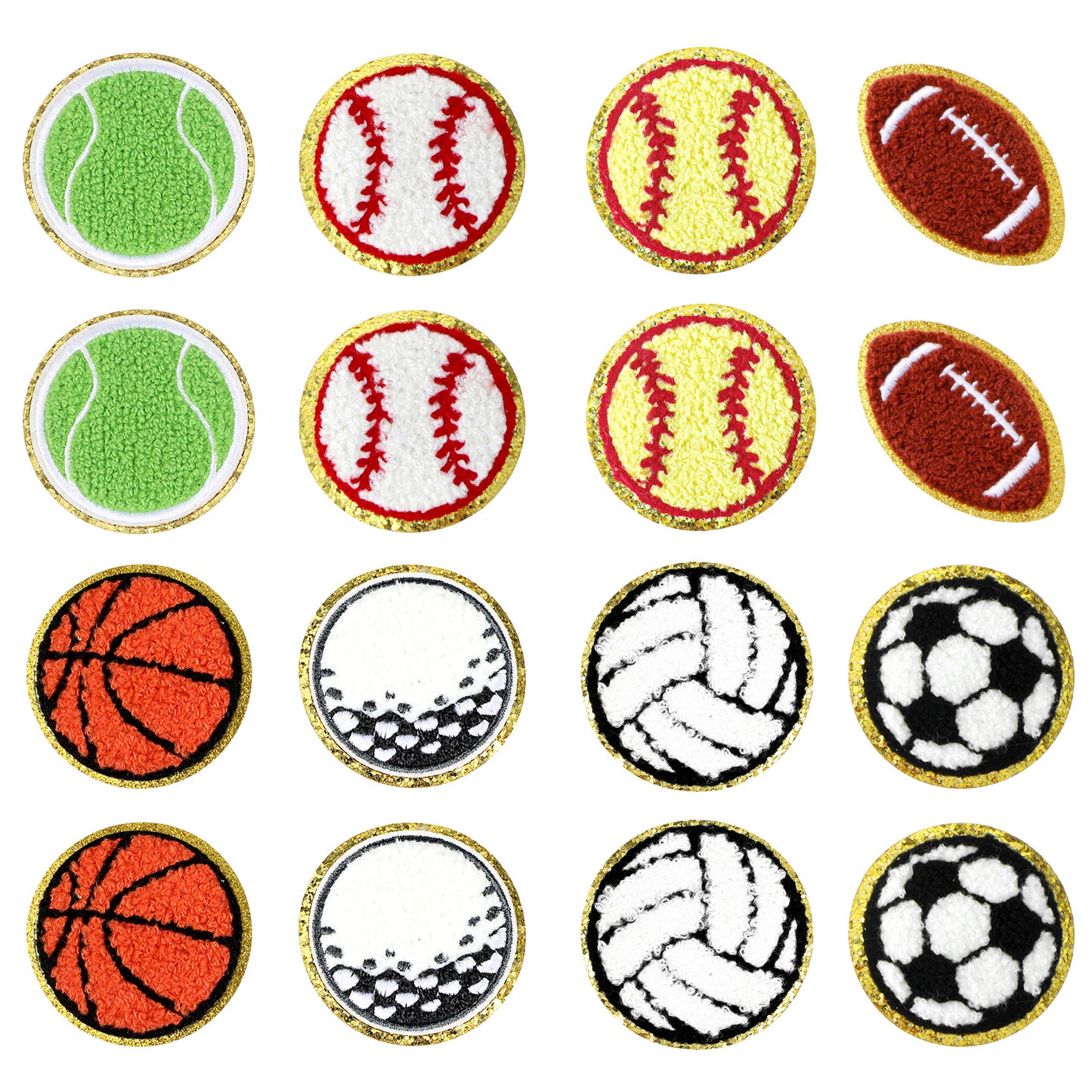 Mabor 16pcs Sports Iron on Patches, Football Baseball Basketball Chenille Patches Gold Edges Volleyball Rugby Golf Soccer Sew on Embroidered Applique for Hats Jeans Backpack Clothes