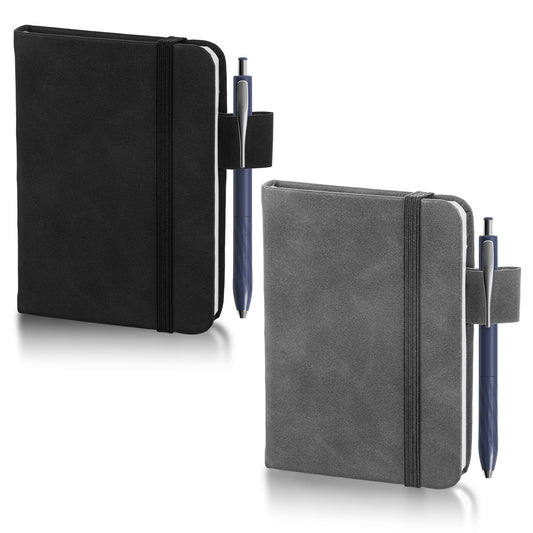 Tyqour 2pcs Small Leather Pocket Notebook Mini with Pen Holder, 4.29 x 3.11 Inch Pocket Note Pad 96 Sheets Compact Small Note Book for Office, Home, School Writing Supplies (Black & Gray)