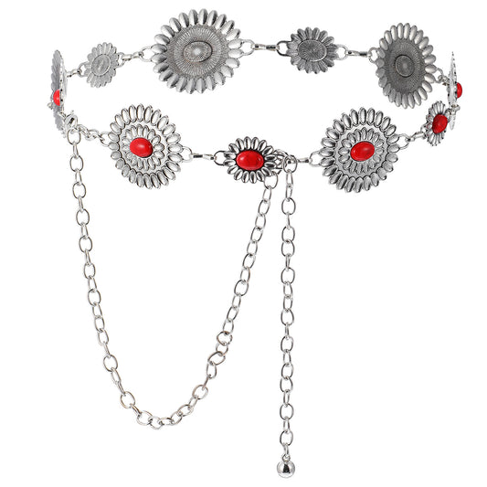 1 PCS Western Chain Belt Concho Belts for Women Cowgirl Metal Concho Belt Metal Link Chain Belts for Women Adjustable Oval Waist Chains Chunky Thick for Dresses Jeans Country Concert Outfit (Red)