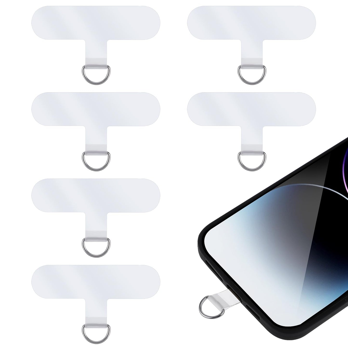 6PCS Phone Tether Tab, Universal Phone Lanyard Tab Patch Without Adhesive Phone Tether Plastic Wrist Strap for Phone Case Tether Tab with Metal D-Ring Phone Lanyard Replacement Part(Transparent)