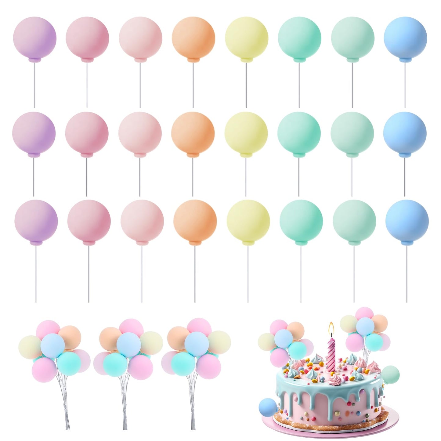 Tyqour 24Pcs Ball Cake Topper Decorations Mini Balloons Cake Topper Sticks Boho Cake Balls Decoration for Wedding Anniversary Birthday Party Supplies