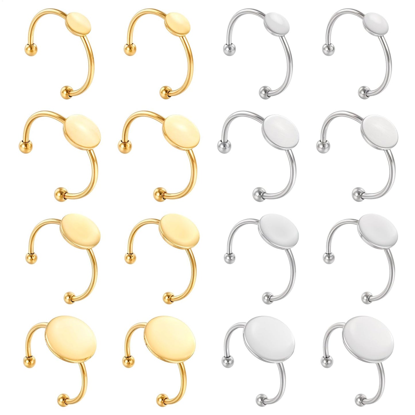16 PCS Finger Ring Blank 12mm Stainless Steel Flat Ring Blank Round Pad Trays Adjustable Finger Base Bezel Trays for Jewelry Making Finding DIY Carvings (Steel Gold)
