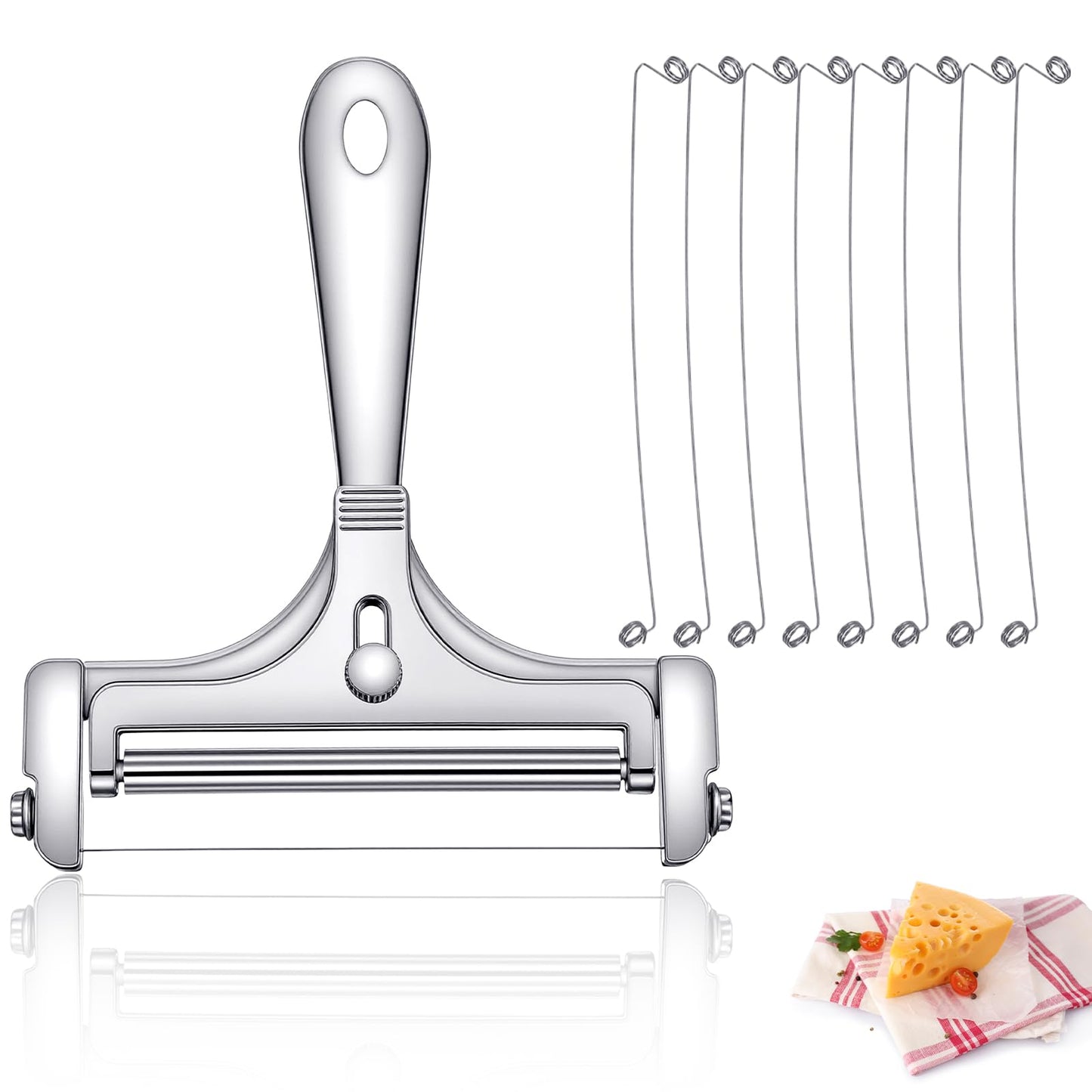 Sorcristy Cheese Cutter Adjustable Wire Cheese Slicer for Block Aluminum Alloy with 8pcs Extra Wires Hand Held Butter Food Tools Shaver Slicers Cuter Silver for Mozzarella Cheddar Gruyere