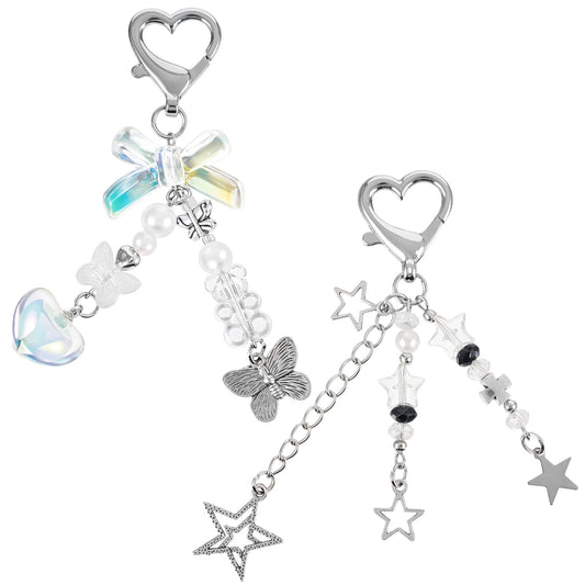 2 Pcs Cute Keychains Y2K Aesthetic Keychain Charms Star Heart Butterfly Strawberry Bear Key Chain Accessories for Women Beaded Bag Charm And Pendant Purse Festival Gifts Sweet Style White