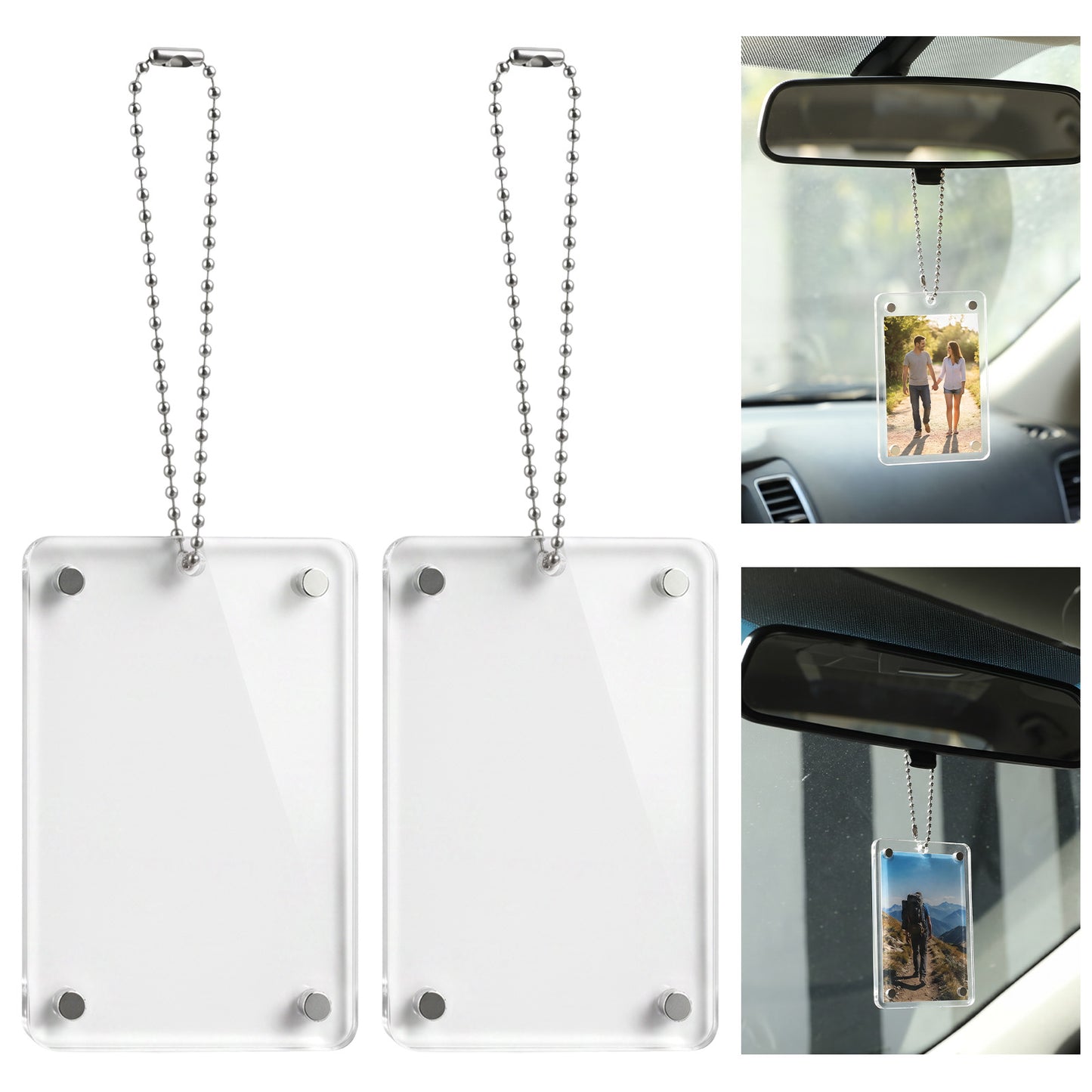 2 Pcs Car Hanging Photo Holder Picture Frame Universal Rear View Mirror Accessories Ornaments Decor Personalized Acrylic Transparent Magnetic Ornament To Display Cars Hanger for Couples Dads Gift