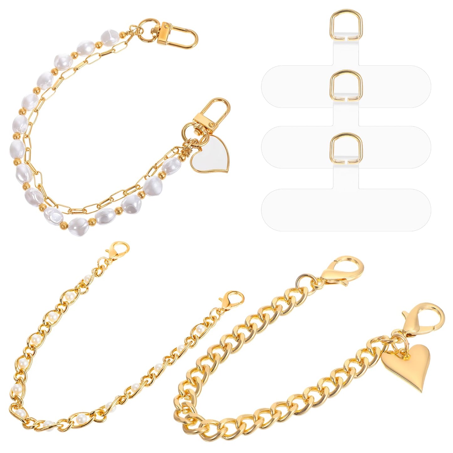 6 Pcs Phone Charms Strap Double Beaded Phone Strap Wrist Lanyard Pearl Beaded Wrist Straps Anti Lost Metal Bag Replacement Handbag Chain Purse Making Supplies For Women, Gold White