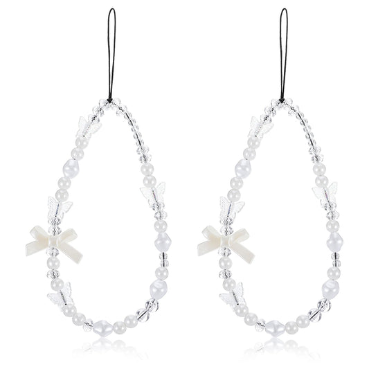 2 Pcs Beaded Phone Charm Beaded Phone Strap Cute Aesthetic Phone Chain Bow White Pearl Beaded Phone Lanyard Wrist Strap Anti Lost Phone Charm Strap for Women Hands-Free Bracelet Wristlet for Most Smar