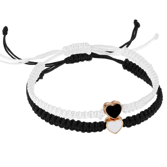 2PCS Black and White String Bracelet, Mabor Heart Beaded Matching Bracelets for Couples and Friendships Adjustable Couple Bracelets Set for Friend Women Girls
