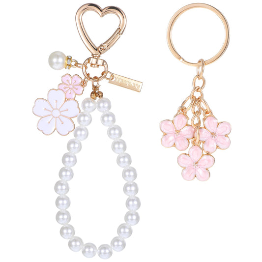 Teaaha 2 PCS Pearl Keychain Wristlet, Flower Key Chains for Women, Cute Car Key Chain Accessories, Perfect for Car Keys, Purse, Bag Charms