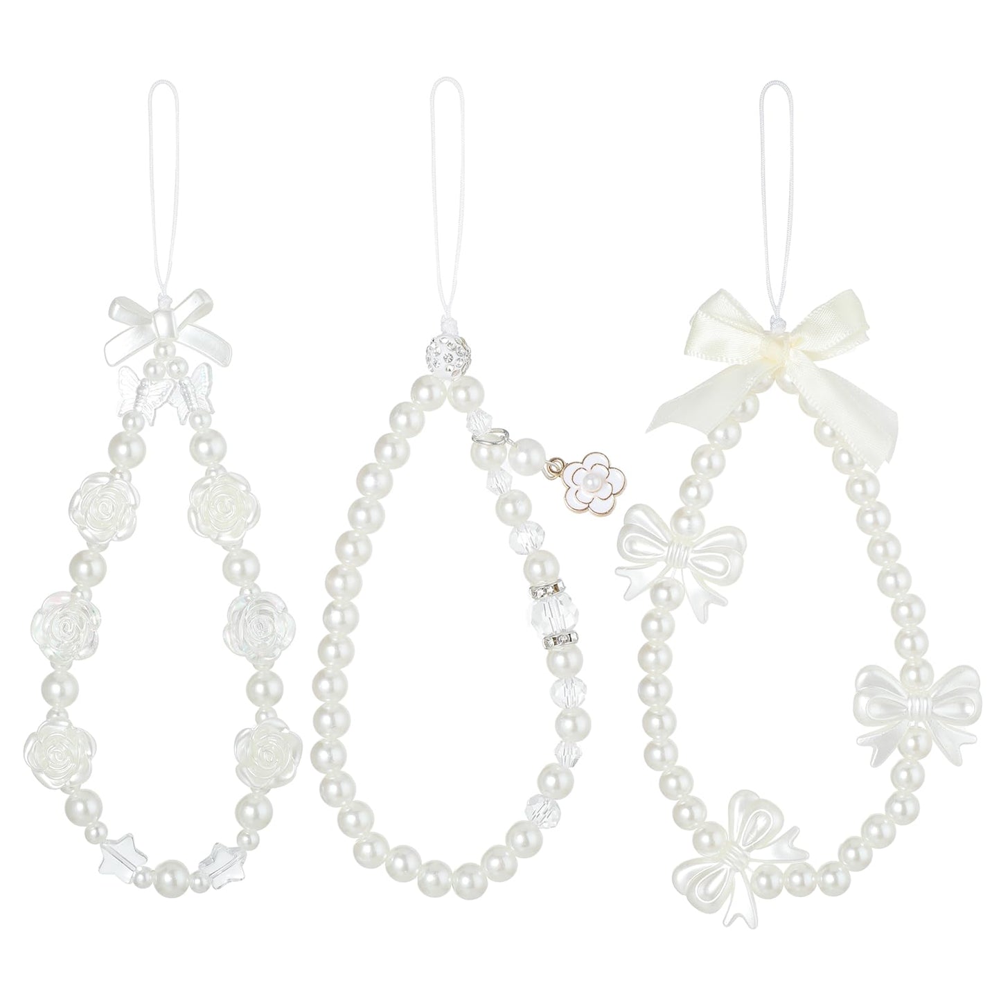 3PCS Phone Charm Strap Cute Butterfly Bow & Pearl Beaded Phone Charms Strap, Aesthetic Y2k Style Kawaii Phone Wrist Strap Lanyard for Women & Girls, White Pearl Chain Keychain