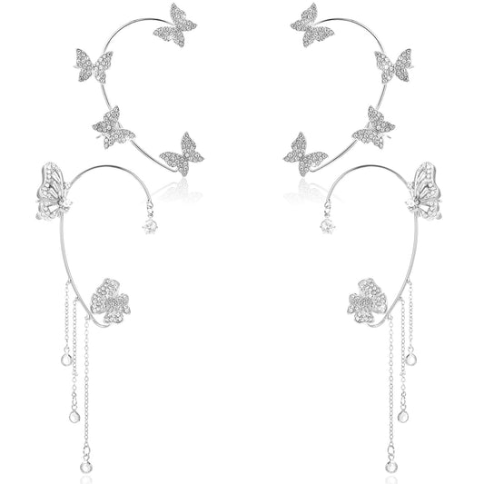 2 Pair Silver Butterfly Ear Cuffs and Wraps for Women, Butterfly Earrings for women, Non-Piercing Zircon Earrings, Stylish Ear Clips for Weddings, Parties, Special Occasions