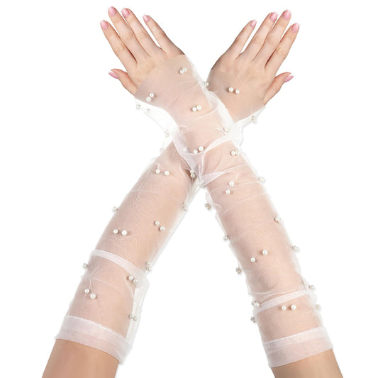 Tyqour White Long Pearl Gloves Wedding Gloves, Tulle Sleeves Gloves Women Formal, White Lace Gloves Women, Opera Tea Party Fingerless Gloves for Wedding Opera Halloween Party 1920's Dance Gloves