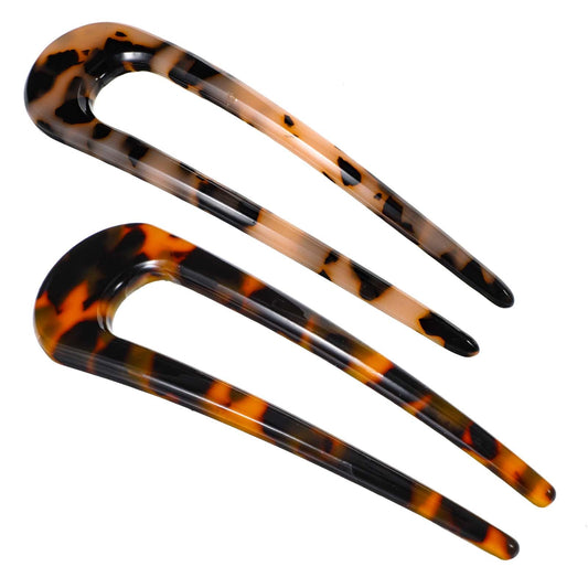 2 PCS French Hair Pins Hair Forks for Fine Hair French Pins for Thick Hair Tortoise Shell U Shape Updo Hair Forks Leopard Color Cellulose Acetate 2 Prong Bun Hair Sticks for Women Girls All Hairstyle