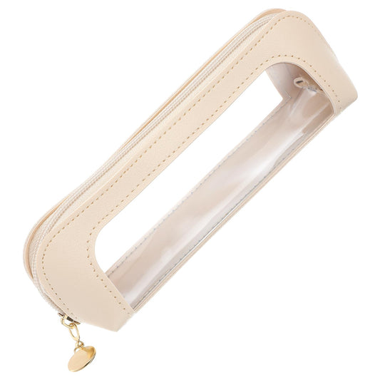 1 PCS Clear Makeup Brush Bag Double Sided Toiletry Bag Clear Pencil Case with Zipper Portable Leather Skincare Cosmetic Bags Transparent Waterproof Cosmetic Organizer Storage Bags for Women(Beige)