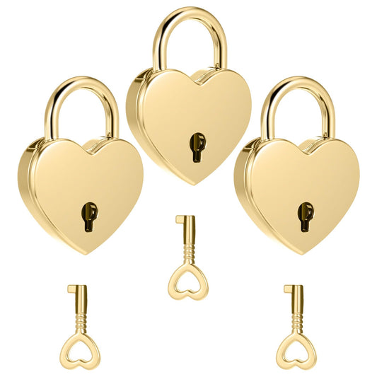 3 Pcs Heart Shaped Lock Gold Heart Shaped Padlock Mini Vintage Locks with Key Small Metal Padlock Archaize Style Lock and Key for Jewelry Box Diary Book Handbag Storage Box