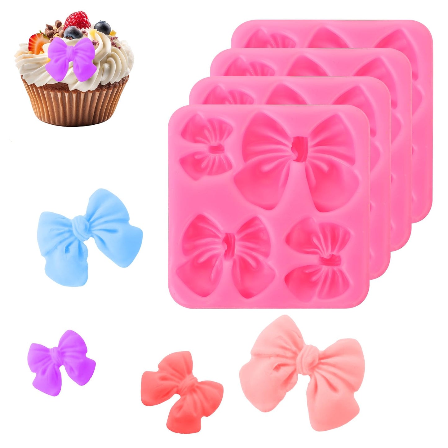 Chsoejuf 4Pcs Bow Chocolate Mold, Pink Silicone Bow Fondant Molds
