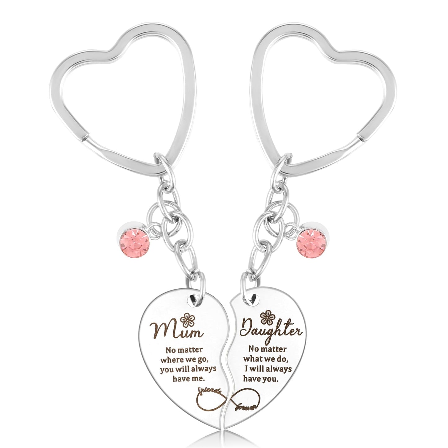 Tyqour Heart Matching Keychain Keyring Set for Mothers Day, Birthday, Mother-Daughter Gift, Silver
