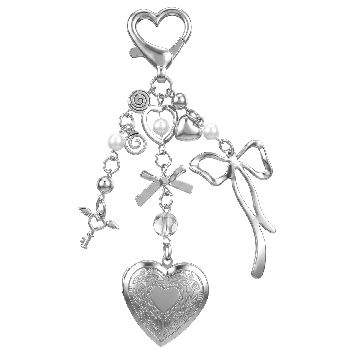 Chsoejuf Locket Keychain, Exquisite Heart Silver Bag Charms for Women