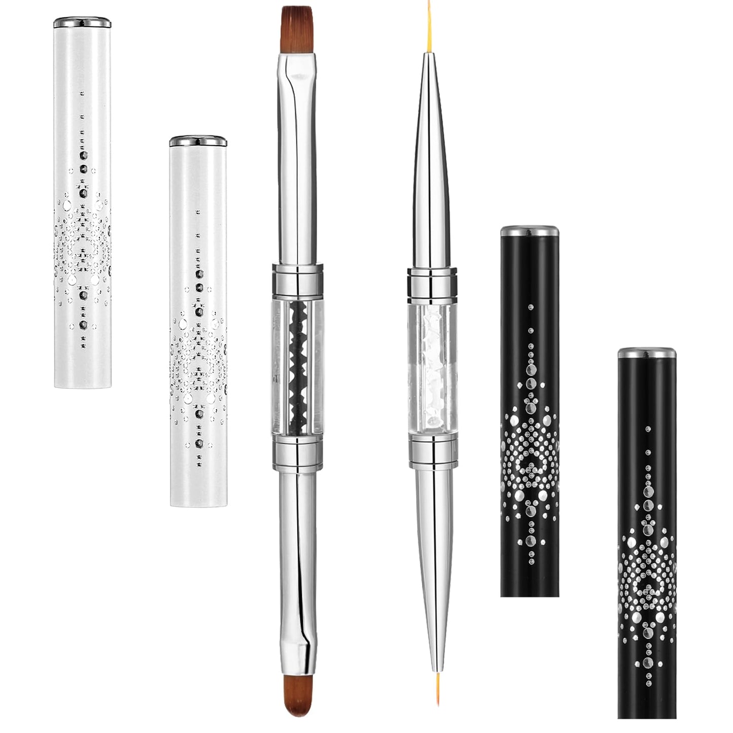 Nogeqi 2 Pcs Gel Nail Brush,Nail Liner Brush,Builder Gel Brush with Rhinestone Pen Cap,French Manicure Painting Tool for Home & Salon DIY Nail Art Designs(Dual-Ended)