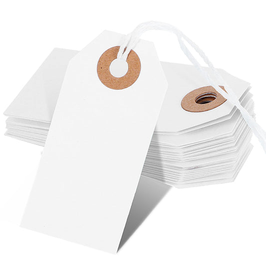 100 Pcs White Tags with String Writable Blank Tags Price Tags with String Attached Shipping Tags Clothing Tags and Labels Large Marking Hang Tags Attached Reinforced Hole 2.75"×1.37"