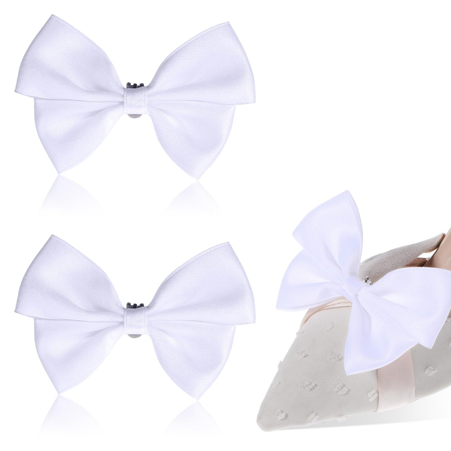 Bremorou 2Pcs Shoe Clips Removable Satin Shoe Bow Buckle Clips Elegant Bow Detachable Shoe Buckles Bowknot Shoe Clips Applique Accessories For Wedding Party Prom High Heels Decoration（White）