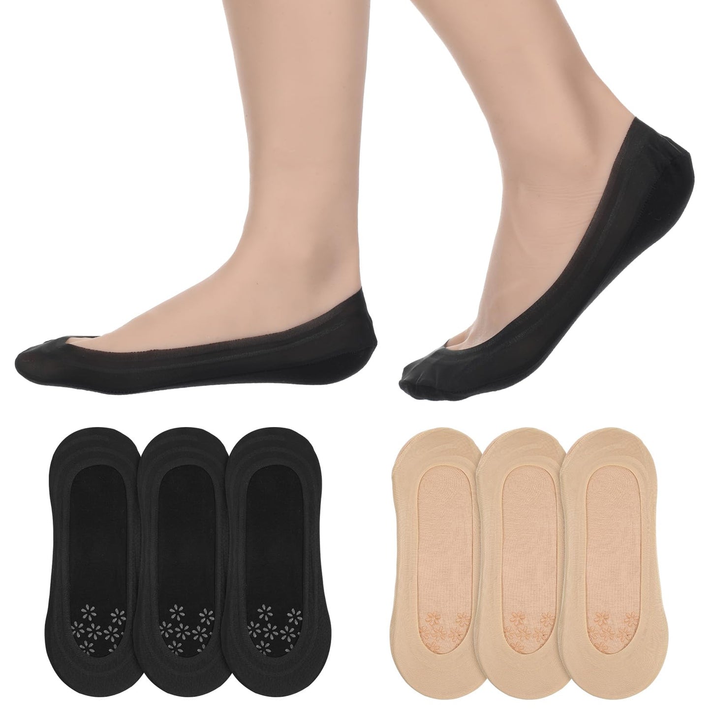 6 Pairs No Show Socks Womens, Ultra Thin No Show Socks Women Liner, Invisible Low Cut Socks Liner Non-slip Thin Causal Line for Women Flats Heels Sport Shoes (Black, Skin Color)