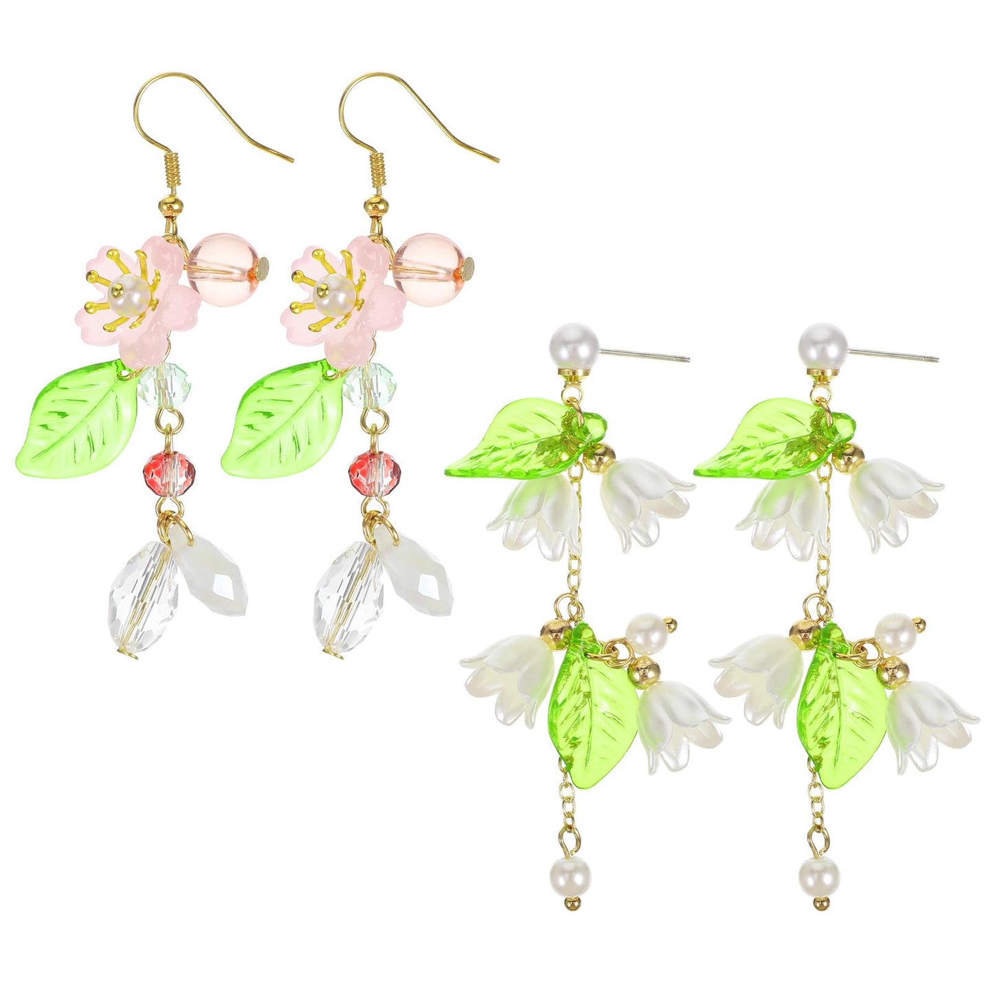 2 Pairs Floral Earrings Set Cute Pearl Leaf Sakura Earrings, Valentine's Day Gifts for Her, Pink Flower Dangle Earrings, Cherry Blossom Earring,Boho Wedding Holiday Earring for Women(White Pink Green)