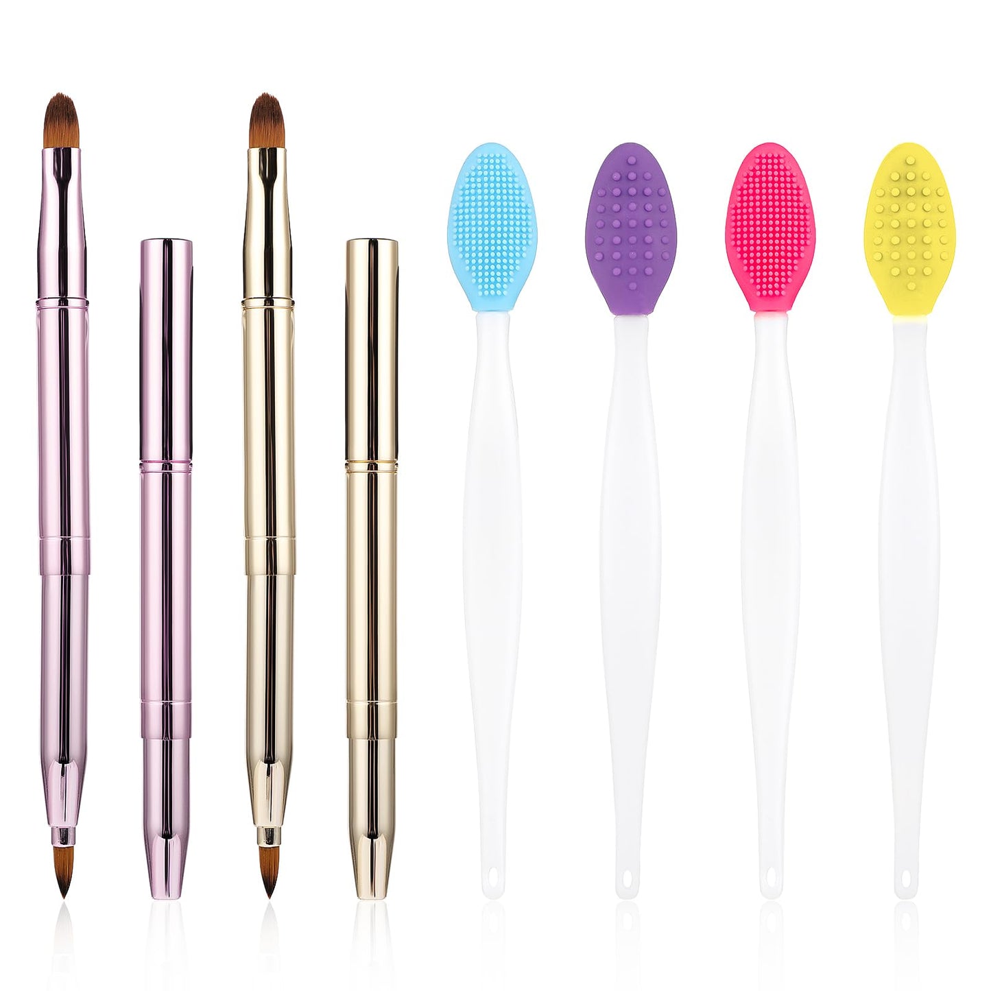 Lip Scrub Brush 6Pcs Lip Exfoliator Brush And Retractable Lip Brush Set, Double-Sided Silicone Lip Exfoliator Brush Lipstick Brush Applicator Lip Scrubber Tool For Lipstick Gloss Creams