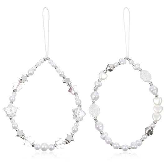 2PCS Phone Charm Wrist Strap Pearl Bracelet Wrist Strap Crystal Bracelet Lanyard Cute Star Camera Charms Phone Keychain Decoration for Women Bag Purse Backpack Wallet Pendants