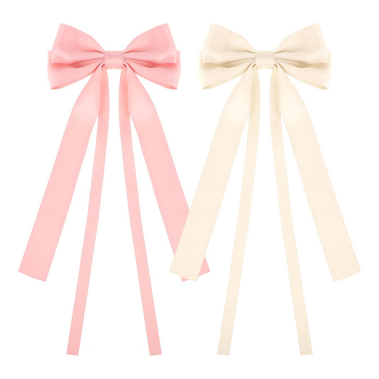 2 PCS Satin Bows for Hair Ribbon Bows for Women Silky Satin Hair Bows Coquette Bows Hair Bows for Women Long Tail Tassel Big Bowknot Accessories for Hair Design (Pink+Beige)