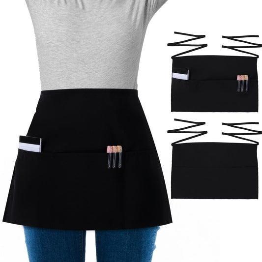 1 PCS Server Apron with 3 Deep Pockets, Waitress Cleaning Half Apron Comfortable Waist with Pockets for Women Men Unisex Waitress Restaurant Home Half (Black)