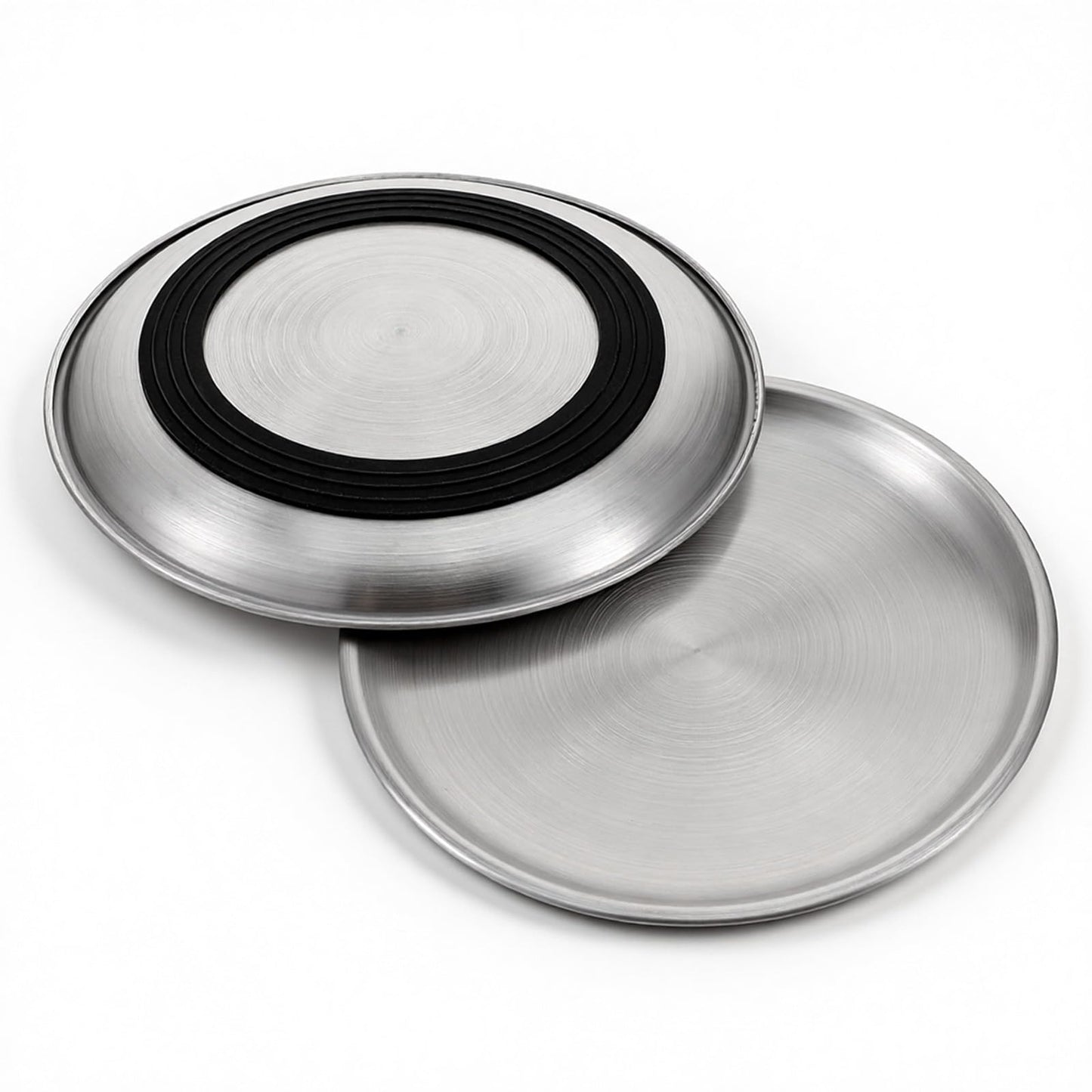 Stainless Steel Cat Bowls Dishes, Flat Metal Shallow Wide Whisker Friendly Cats Food Water Feeding Bowl Plate with Non-slip Silicone Ring, Indoor Pet Kitten Small Dog Food Tray, Dishwasher Safe(17cm)