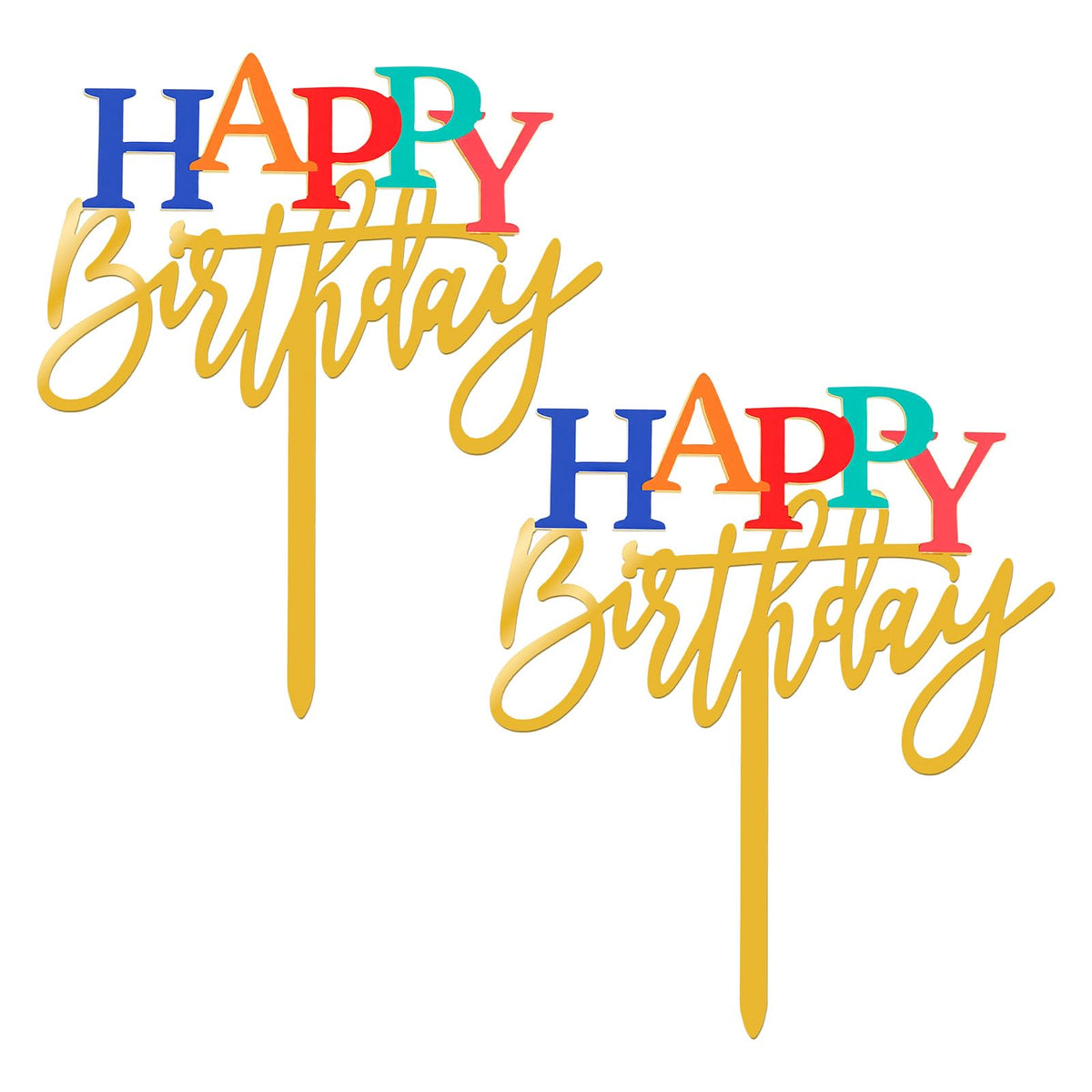 Chsoejuf 2PCS Rainbow Gold Happy Birthday Cake Topper Acrylic Cupcake Sign
