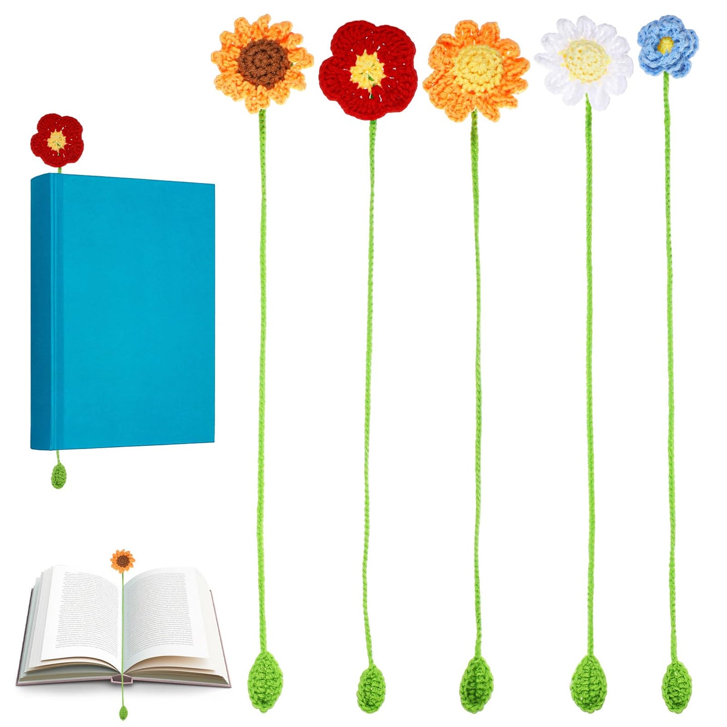 5 Pack Crochet Bookmarks Handmade Cute Flower Book Mark for Women Elegant Distinctive Book Marks for Books Lovers and Teachers Personalized Crocheted Bookmarks for Bag Charms, Keychain