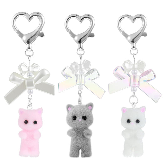 3 Pcs Bag Charms Cute Kitty Keychain Fuzzy Decor Gifts Cat Lovers Cute White Keychain Aesthetic Y2k Kitty Cat Stuff Decor Kawaii Heart Bow Pendent Key Chain Bag Purse Charm Accessories
