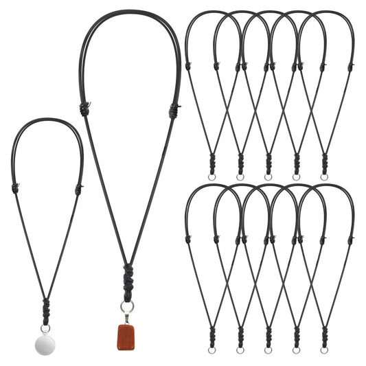 10PCS Rope Necklace for Men Black Adjustable Leather Necklace Cord Vintage Handmade Craft Knotted Necklaces Cord with Metal Ring for Hanging Pendants Rope(12-25inches)