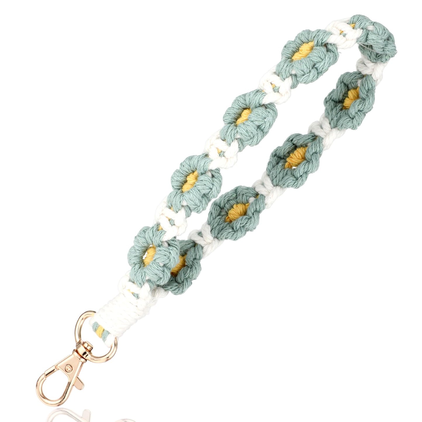 Ymapinc Handmade Macrame Wristlet Keychain with Key Ring, Daisy Pattern, Cottony Rope & Zinc Alloy, Bohemian Style, Green