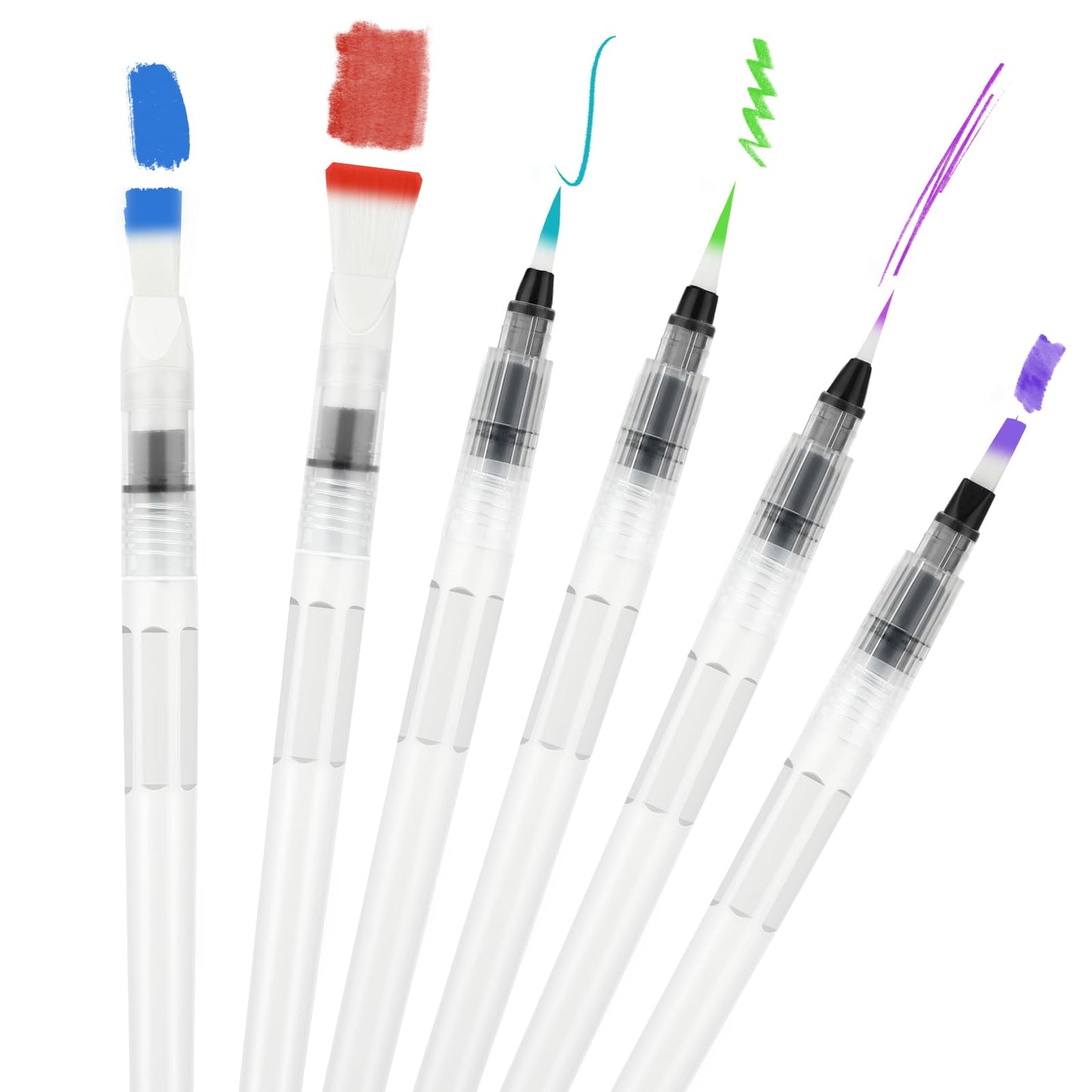 6PCS Water Brushes Refillable Different Size Watercolour Brush Pens Refillable Water Brush Pens Aqua Paint Brushes Ink And Water Brush Pens For All Water Soluble Pigment Beginner Painting Art Supplies