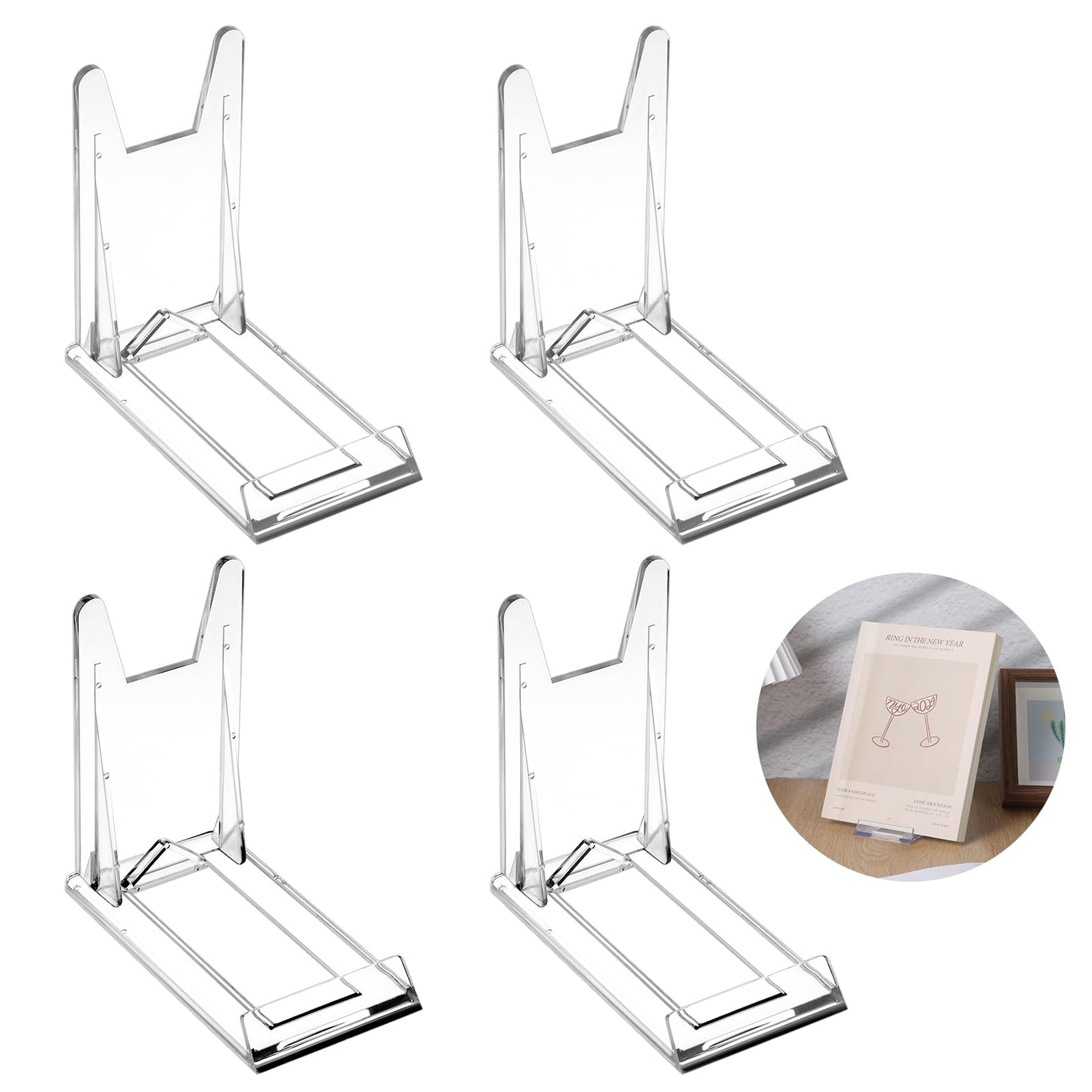 Nogeqi Pack of 4 Acrylic Display Stands, Adjustable Plate Stand, Acrylic Stand, Transparent Plate Holder, Picture Stand, Adjustable Card Stand for Books, Electronics, Photos Decoration